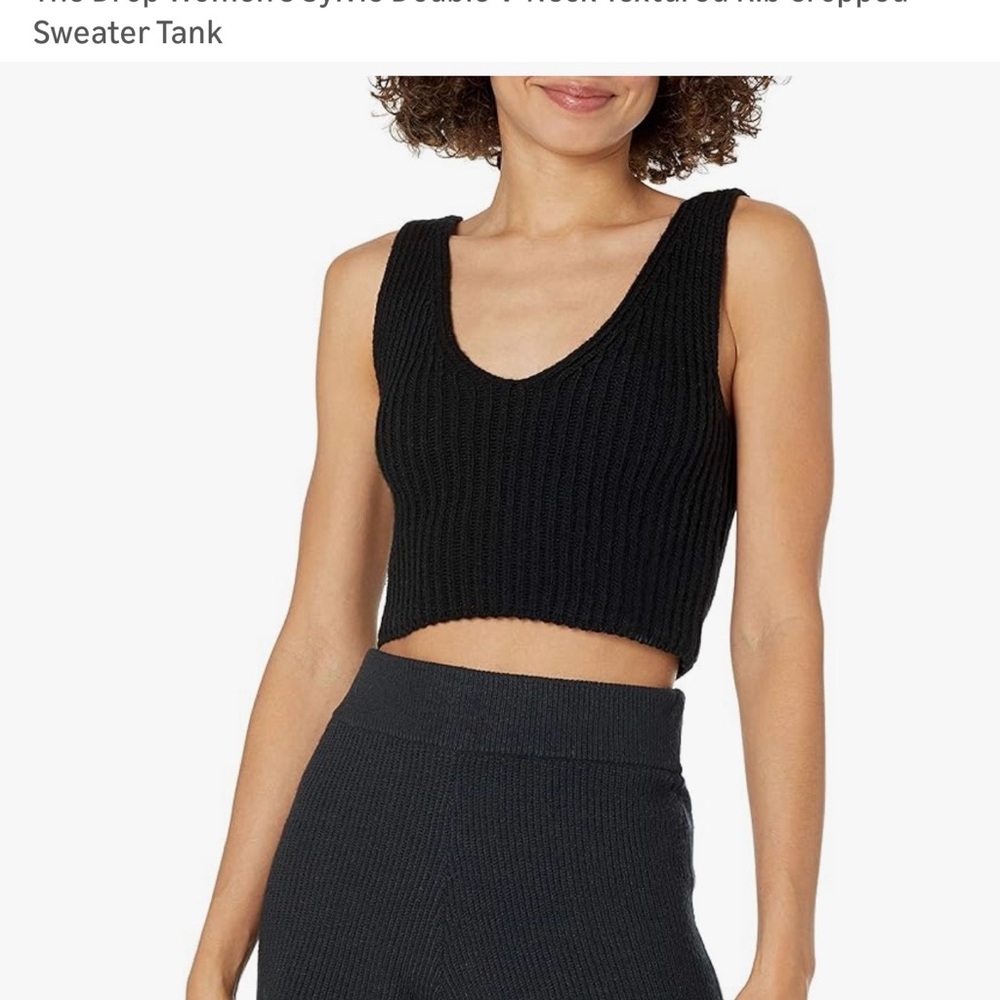 The Drop Women's Sylvie Double V-Neck Textured Rib Cropped Sweater Tank. Black S